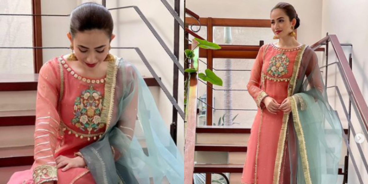 Sana Javed looks breathtaking in a peachy pink outfit
