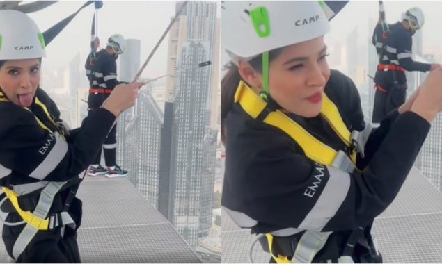 Ayesha Omar attempts a dangerous stunt from Dubai top building