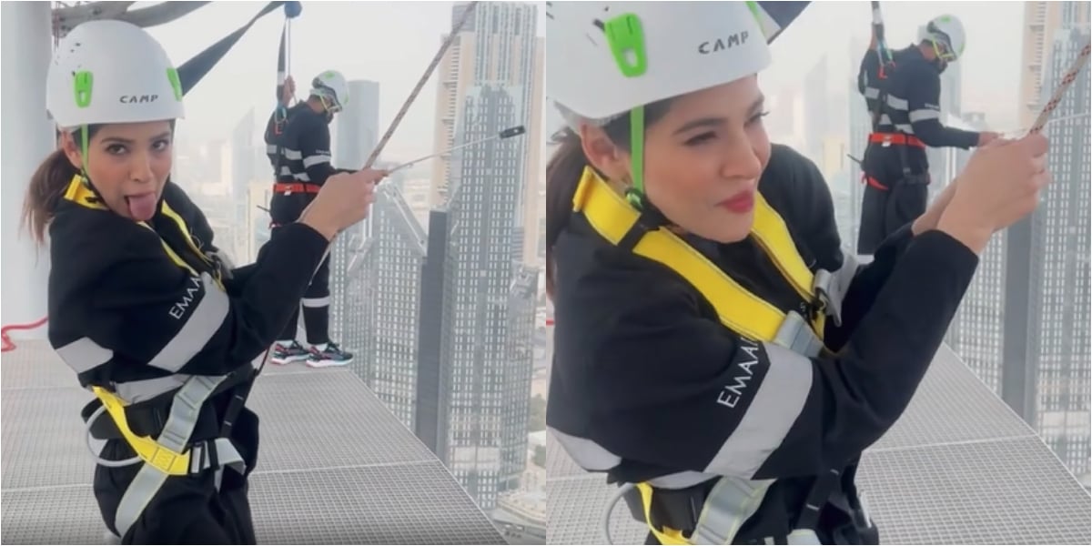 Ayesha Omar attempts a dangerous stunt from Dubai top building