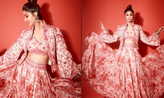Shilpa Shetty flaunts her blush pink skirt in style