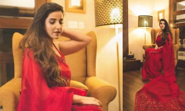 Hareem Farooq leaves fans swooning in a sensuous burnt red saree