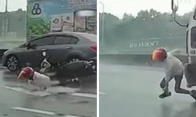 Miracle escape by a motorcycle rider after losing his balance on the highway