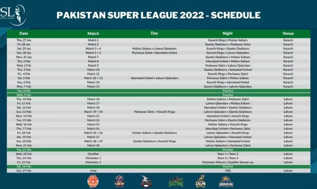 PSL 7 Schedule of Karachi, Lahore, Peshawar, Islamabad, Quetta & Multan