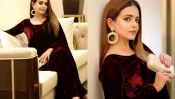Sumbul Iqbal dazzles in a regal maroon saree, in her latest photographs.