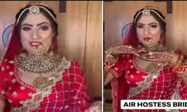 Air hostess bride in wedding lehenga nails the pre-flight safety