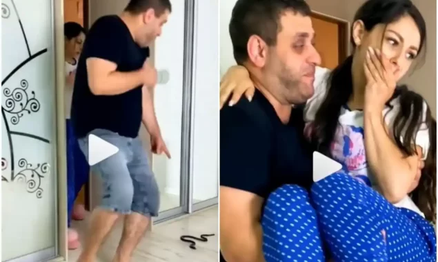 WATCH VIDEO: Husband plays prank on wife with a fake snake, and she jumps on his lap
