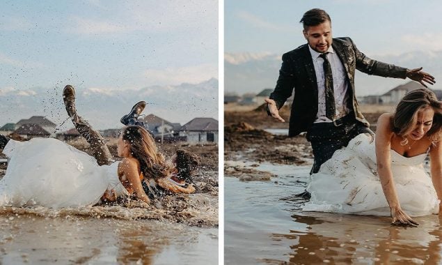 Hilarious pre-wedding photoshoot: Bride and groom fall in mud goes viral