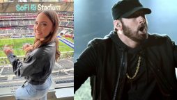During the Super Bowl halftime show, Eminem’s daughter cheers for her father
