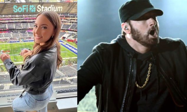 During the Super Bowl halftime show, Eminem’s daughter cheers for her father