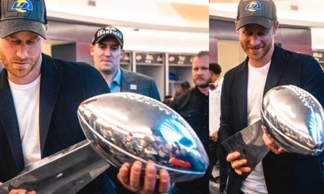 The photo of Prince Harry holding the Super Bowl trophy, which was won by Meghan’s local team, has sparked outrage