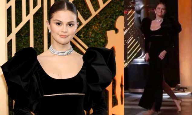Selena Gomez arrives at the SAG Awards barefoot after tripping on the red carpet