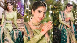 Saboor Aly flaunts 90's fashion vibes in this green lehenga
