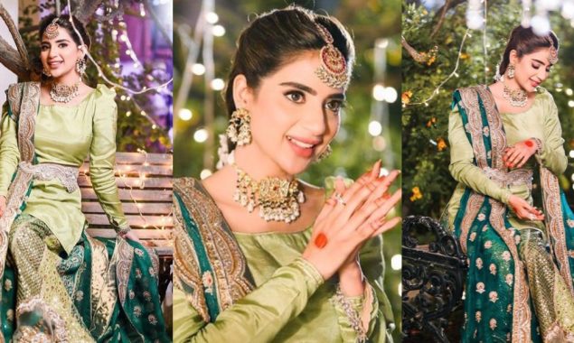 Saboor Aly flaunts 90’s fashion vibes in this green lehenga
