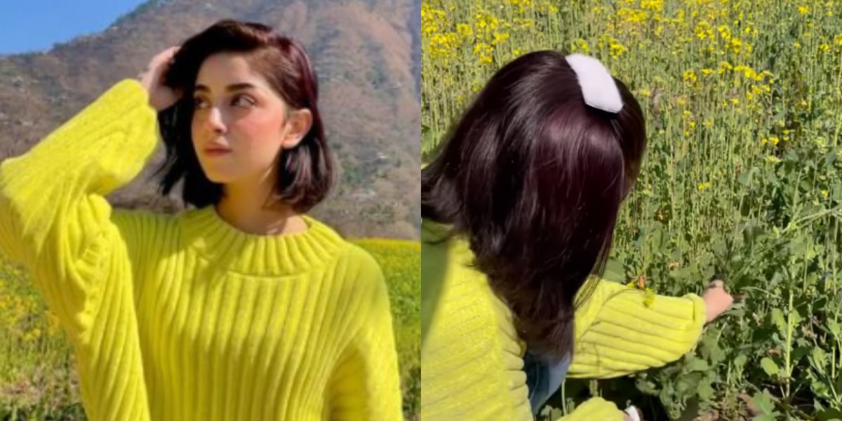 Alizeh Shah harvesting crops in this neon-coloured sweatshirt.