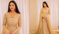 Sarah Khan sparkles in a gold outfit, see photos