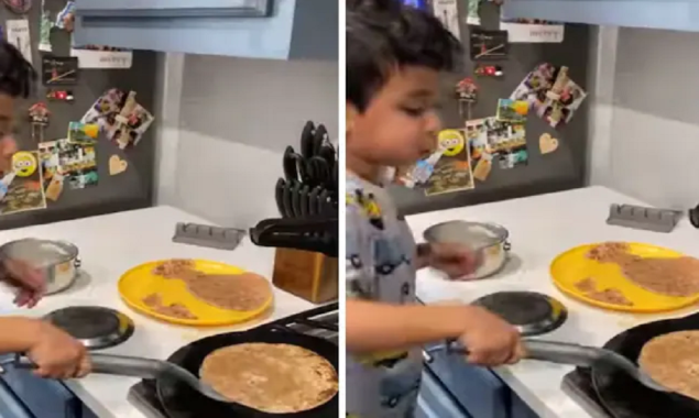 Viral Video: A father teaches his 3 year old son how to flip rotis