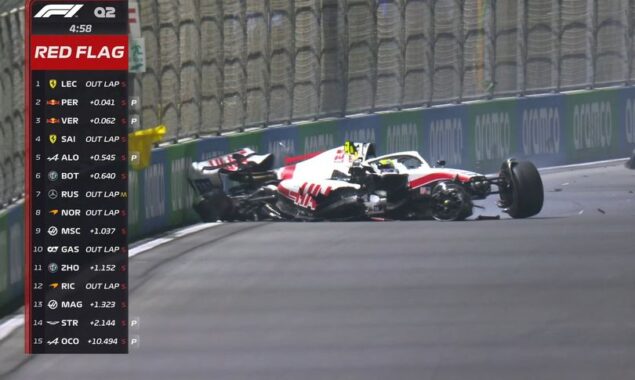 Michael Schumacher’s son Mick Schumacher is ‘conscious’ after a horrific crash in Saudi Arabia qualifying.