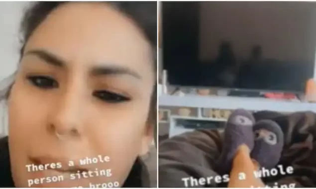 WATCH VIDEO: Is that a GHOST? TikToker notices a person sitting next to her in the TV reflection.