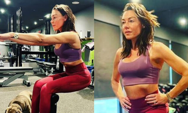 ‘I’m getting my vacation body back!’ Six weeks after breast reconstruction surgery, Michelle Heaton flaunts her toned shape in a gold swimsuit