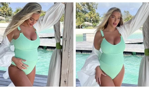 Pregnant Taylor Ward flaunts her baby bump in a revealing turquoise swimsuit