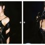 Dua Lipa puts on a racy show, grabbing her cleavage through a tight black jumpsuit with semi-transparent panels and sultry snaps
