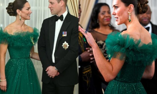 Kate Middleton slays in Her Majesty’s diamonds and a vibrant green gown