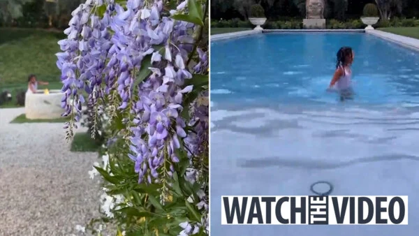 Khloe Kardashian gives a tour of her $37 million mansion’s garden, which includes a pool and an archway, while True, 3, plays by the fire pit