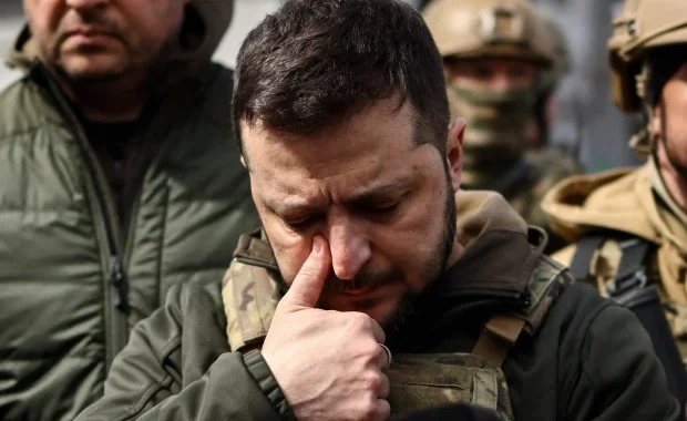 President Zelensky fights back tears as he views the devastation caused by the assault of Bucha, which resulted in the deaths of 400 residents