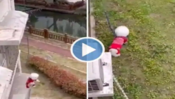 Man walks his dog with a long leash from the third floor in Shanghai lockdown