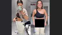 Molly Ava puts on size 10 trousers from two different stores, which fit completely different