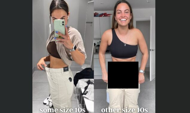 Molly Ava puts on size 10 trousers from two different stores, which fit completely different