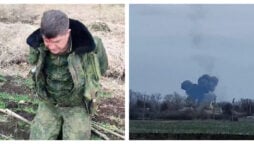 After being shot out of the air by Ukrainians, the wreckage of a Russian £38 million fighter burns in a field, with the pilot kneeling alongside it