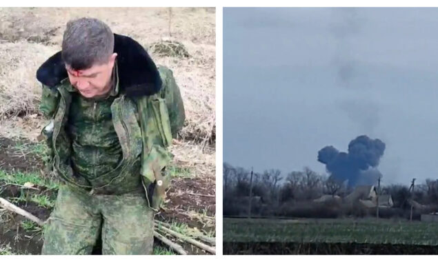 After being shot out of the air by Ukrainians, the wreckage of a Russian £38 million fighter burns in a field, with the pilot kneeling alongside it