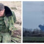 After being shot out of the air by Ukrainians, the wreckage of a Russian £38 million fighter burns in a field, with the pilot kneeling alongside it