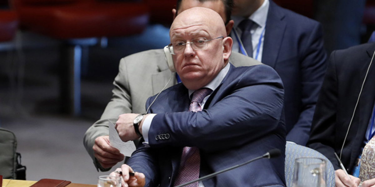 Nebenzya reads a UNSC report written by a Russian intelligence agent