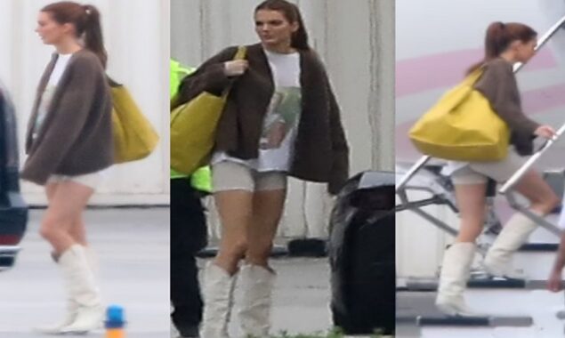 Kendall Jenner wears white shorts and cowboy boots as she boards