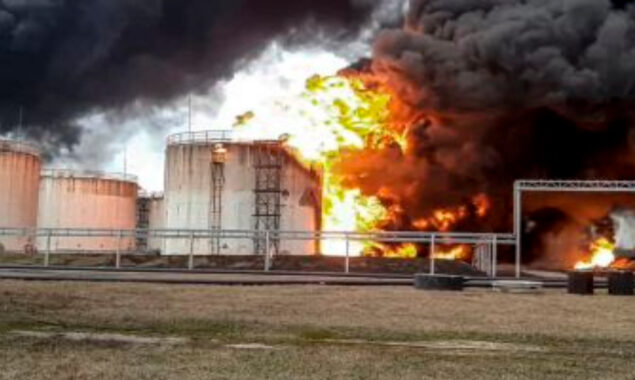 Russian fuel depot on fire near Ukraine border