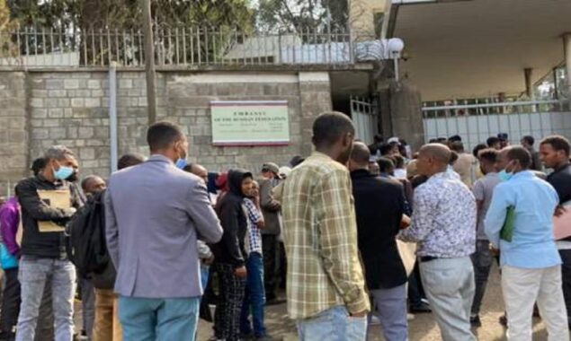 Ethiopians enroll for war at the Russian embassy