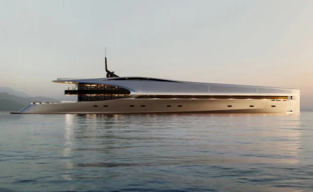 The stunning £70 million knife-shaped superyacht boasts four decks, a helicopter pad, and a swimming pool