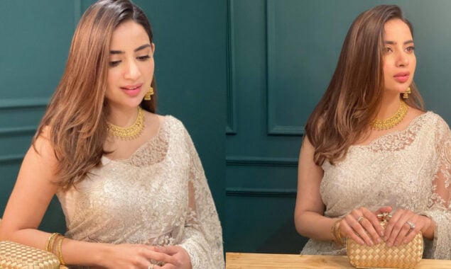 Saboor Aly looks adorable in a lace saree