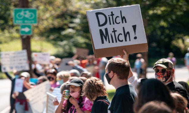 Outside the houses of justices, McConnell and Grassley condemn demonstrations.