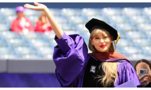 Taylor Swift obtains a doctorate from New York University and wears a graduation gown for the occasion.