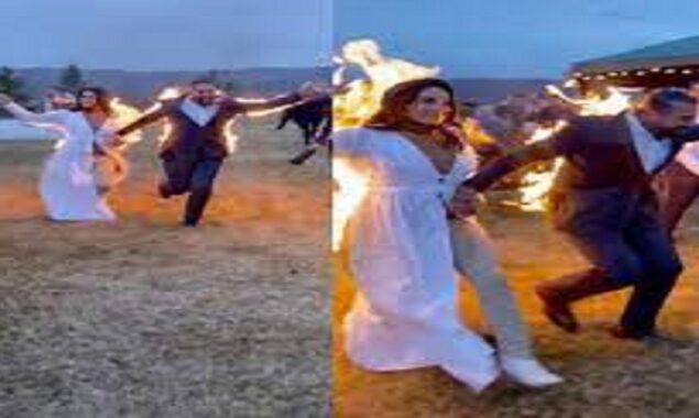 Bride and groom set themselves on fire, guests amused