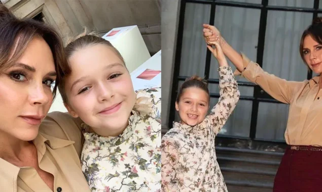 Victoria Beckham twins in a pink onesie with her daughter Harper Seven: photos