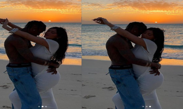 In a scene-stealing sunset, Kylie Jenner stands with shirtless Travis Scott