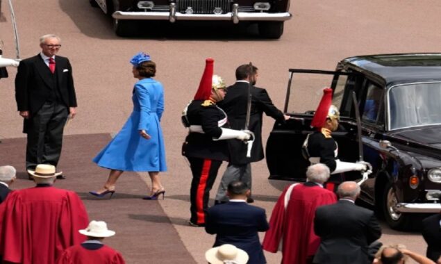 At the Windsor service, Kate Middleton wears a gorgeous cornflower blue coat with sapphires to match