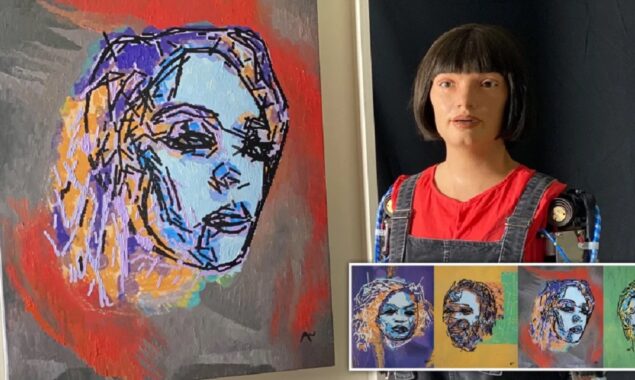 A creepy humanoid robot uses cameras in its eyes to create celebrity portraits