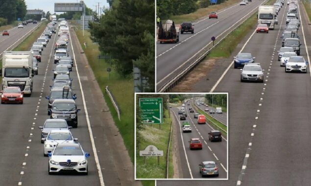 Over 1,000 protestors speed down the A1 at 30 mph in protest of rising fuel prices