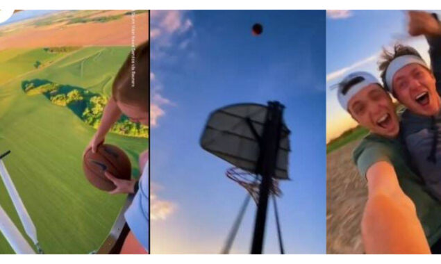 Watch video: Teen shots basketball from plane into moving hoop