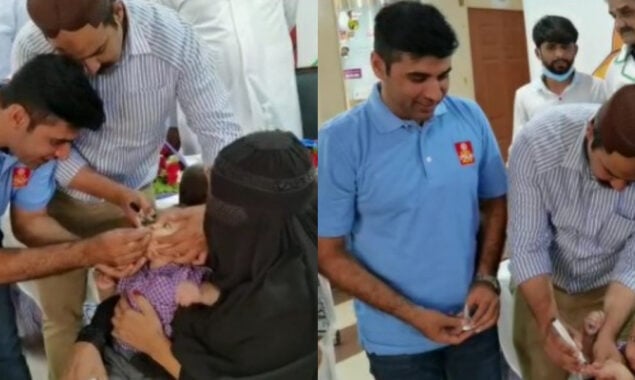 Crickter Abid Ali participates in the ongoing polio campaign in Lahore